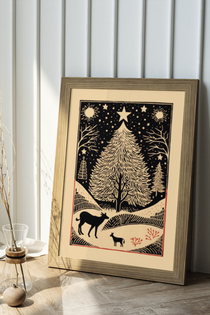 Vintage winter inspired poster featuring stylized pine trees, stars, and silhouette of animals in a nocturnal setting
