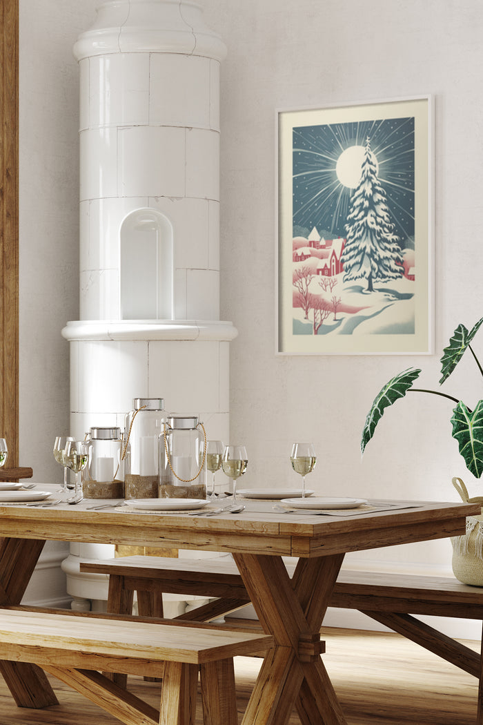 Vintage winter landscape poster with snowy pine tree and moonlit night displayed in a modern dining room setting