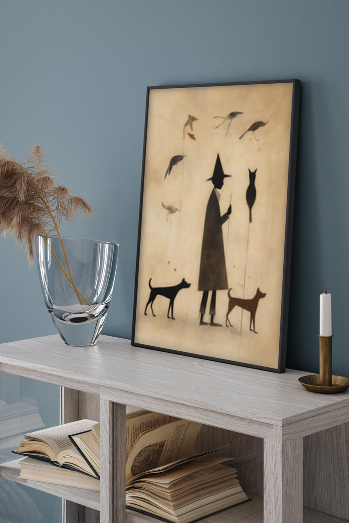 Vintage style poster with witch, two dogs, and birds in minimalist home decor setting
