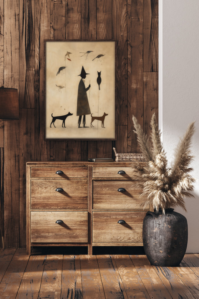 Vintage style poster of witch with three pets on wooden wall decor