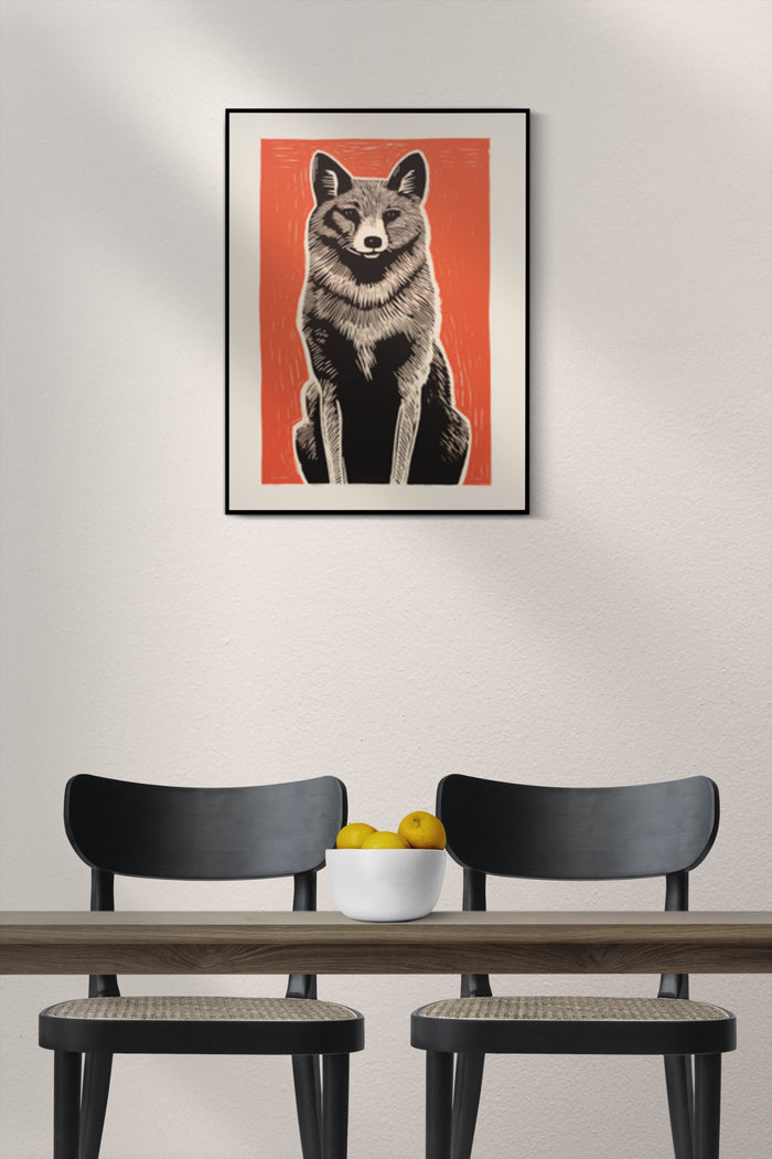 Stylish vintage wolf artwork poster mounted on wall above modern chairs and wooden table with fruit bowl
