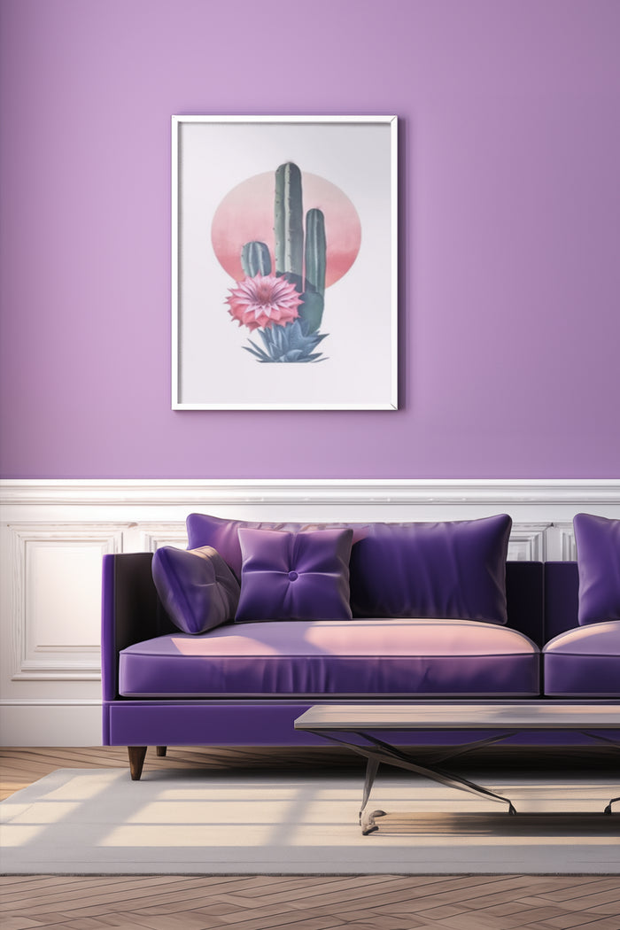 Stylish watercolor cactus artwork with a warm sun background in a white frame on a purple wall
