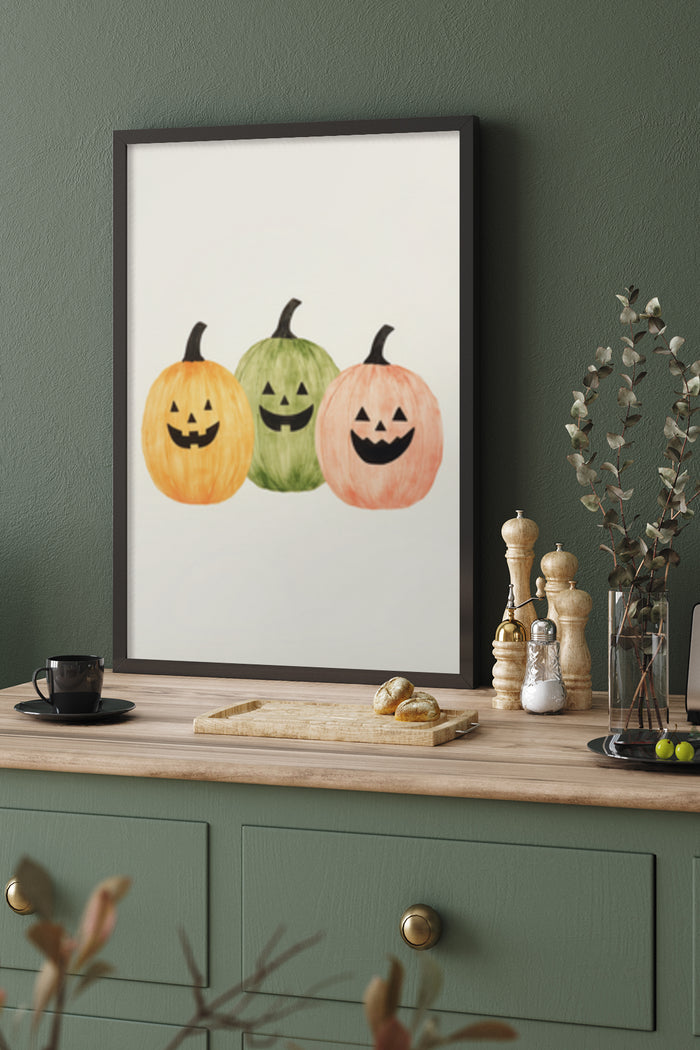 Halloween watercolor pumpkins smiling faces framed poster in home decor setting