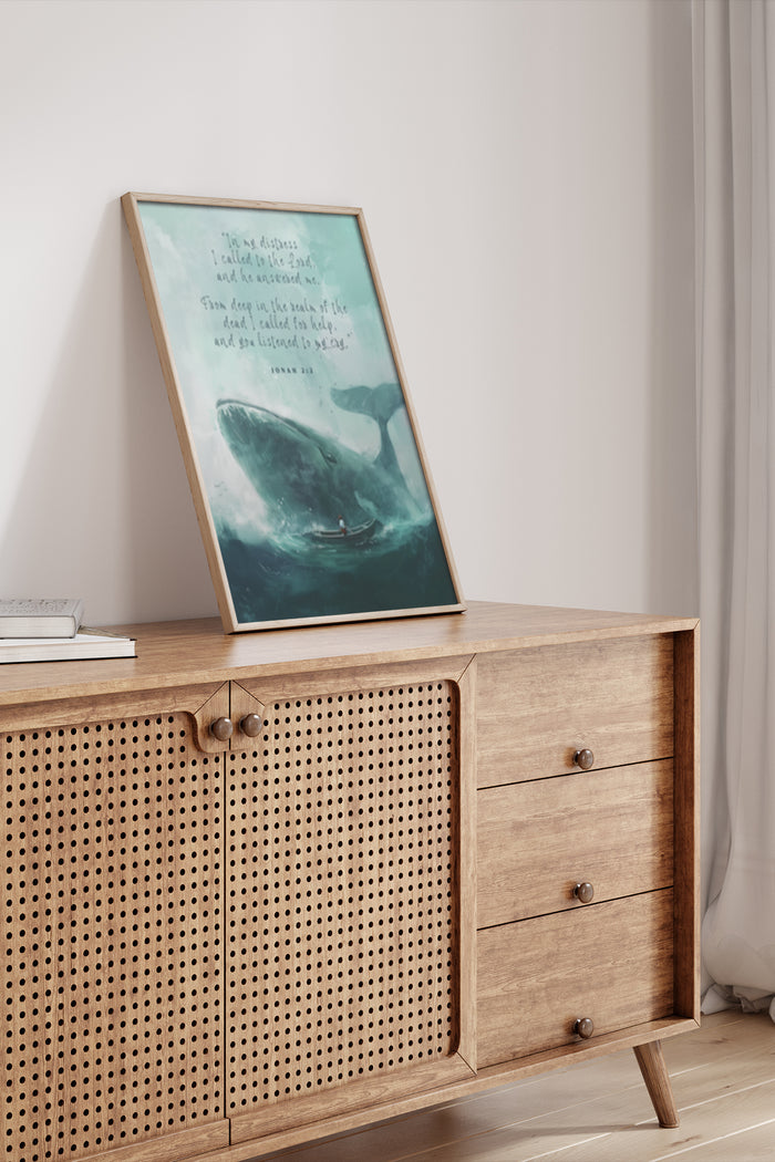Whale and small boat inspirational quote poster with text from Jonah 2:10 displayed on wooden sideboard