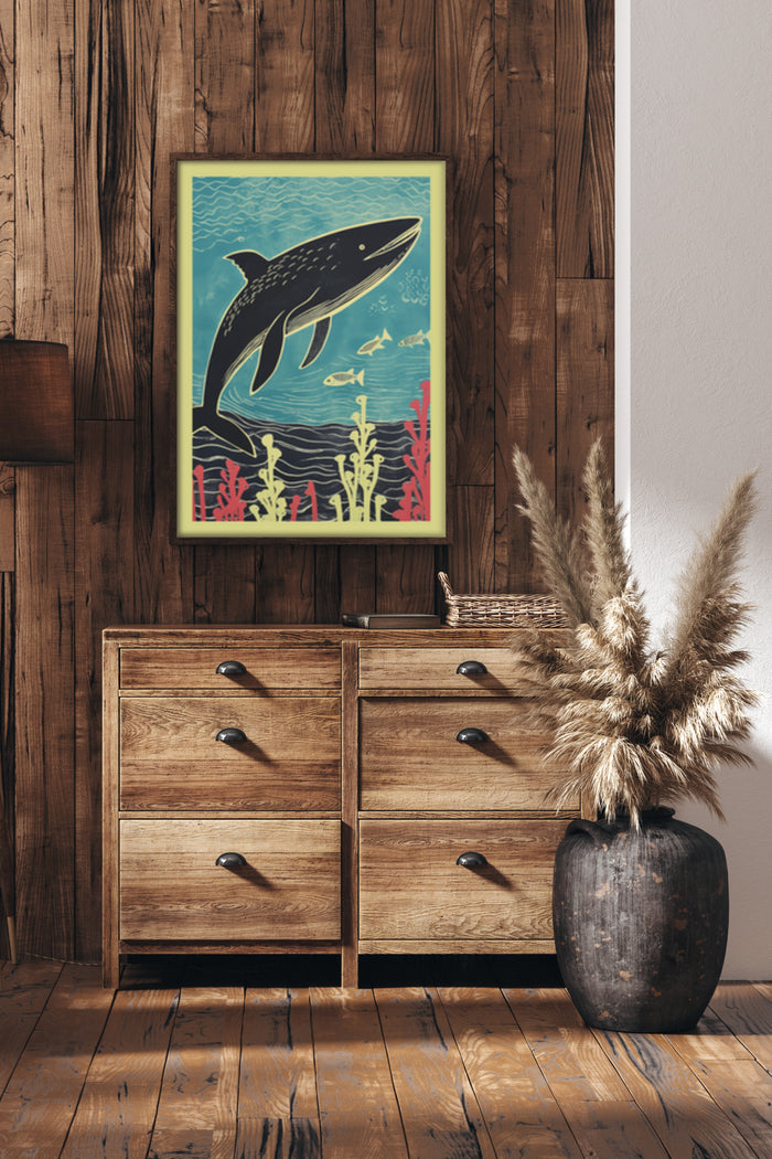 Artistic poster of a whale swimming in the ocean with coral reef and small fish in a rustic home interior