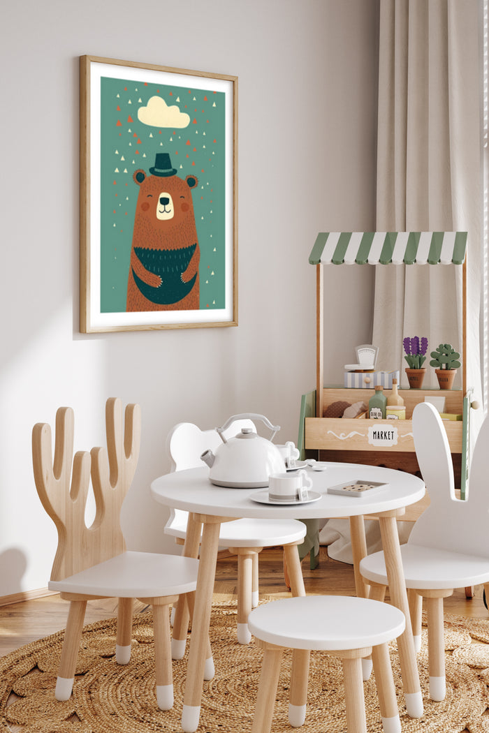 Whimsical illustrated poster of a bear chef with hat and sweater in a modern kitchen setting
