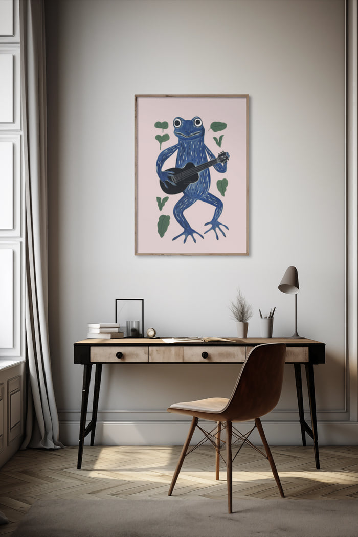 Whimsical Blue Frog Playing Guitar Illustration Poster in Modern Interior
