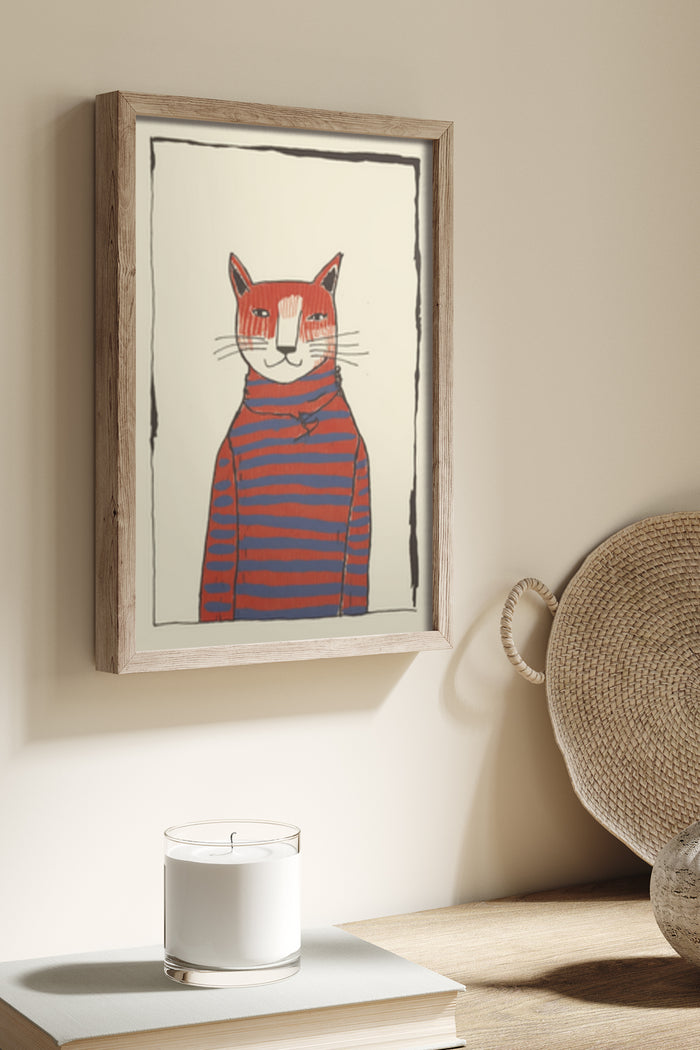 Whimsical Illustrated Cat Wearing Striped Red and Blue Sweater in Rustic Frame on Wall