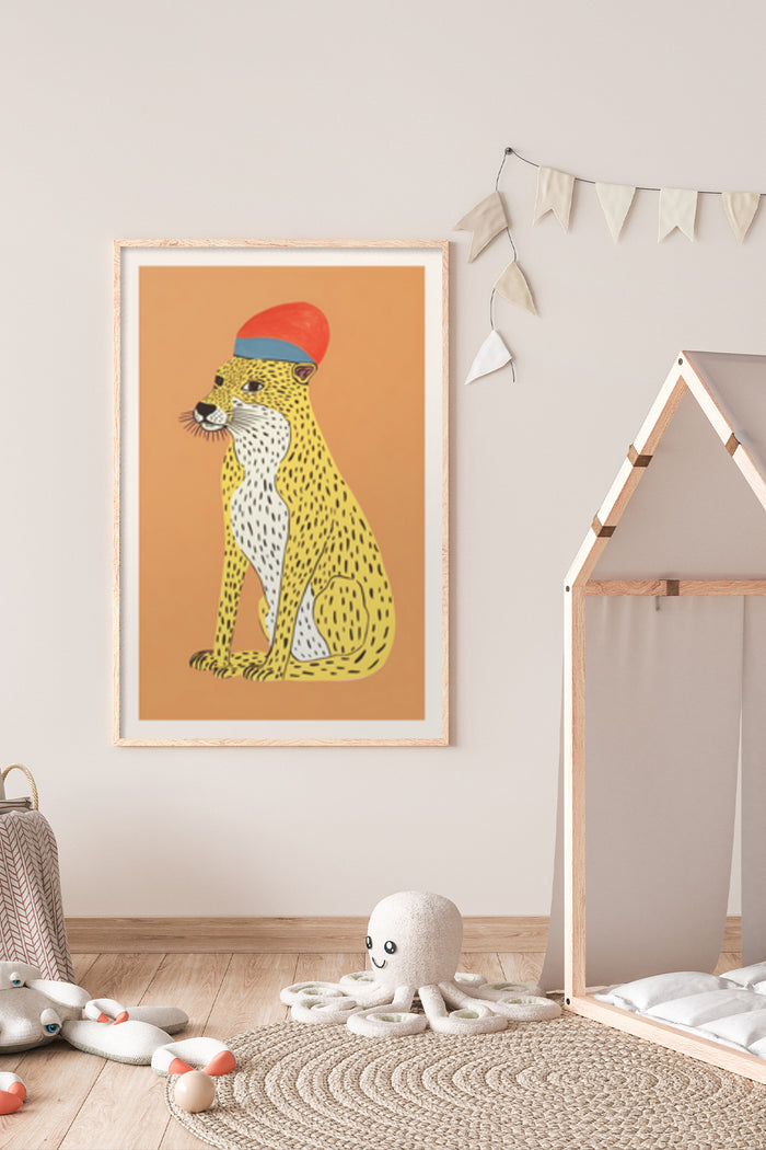 Whimsical illustration of a cheetah wearing a red hat, art poster displayed in a modern children's room