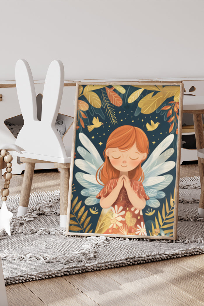 Illustrated poster of whimsical fairy girl with autumn leaves and birds