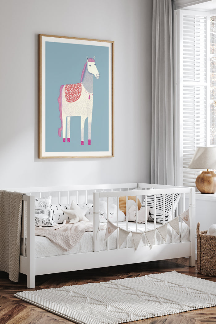 Whimsical Horse Art Poster in Kids Bedroom Setting for Modern Wall Decor