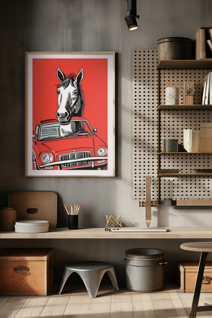 Illustrated poster with a whimsical horse peering through the window of a red vintage car on a red background, displayed in a stylish interior