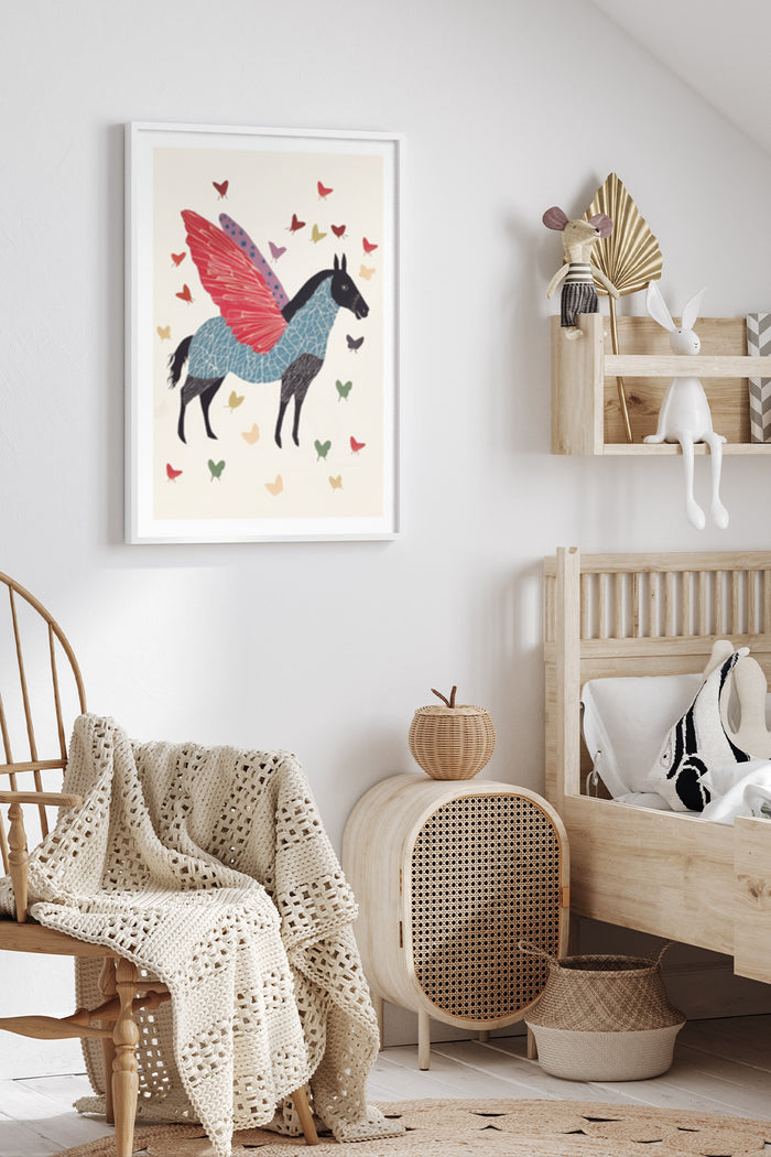 Colorful whimsical pegasus with wings illustrated poster surrounded by heart shapes in a stylish home interior