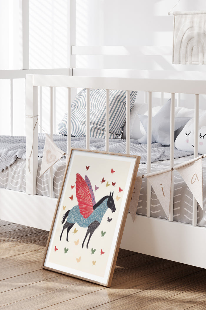 Colorful whimsical Pegasus poster in a modern nursery room decor