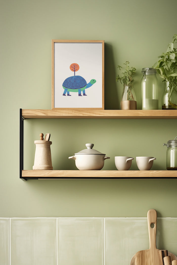 Framed poster of a colorful, whimsical turtle with a tree design on shell, displayed on kitchen shelf