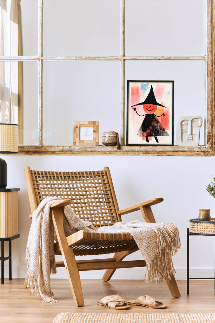 Whimsical witch cartoon poster framed in a stylish interior setting with cozy armchair and warm throw blanket