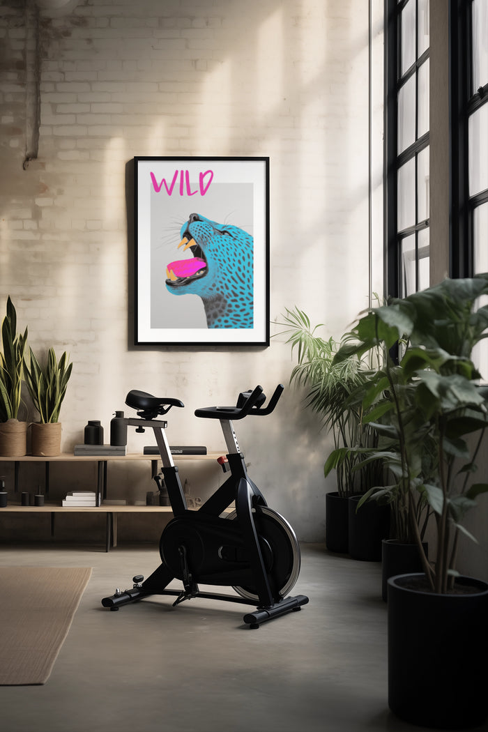 Contemporary wild leopard poster with vibrant colors displayed in a stylish, modern home gym setting
