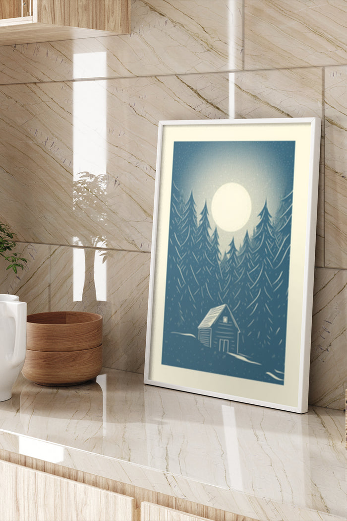 Winter cabin under full moon poster in a modern interior setting