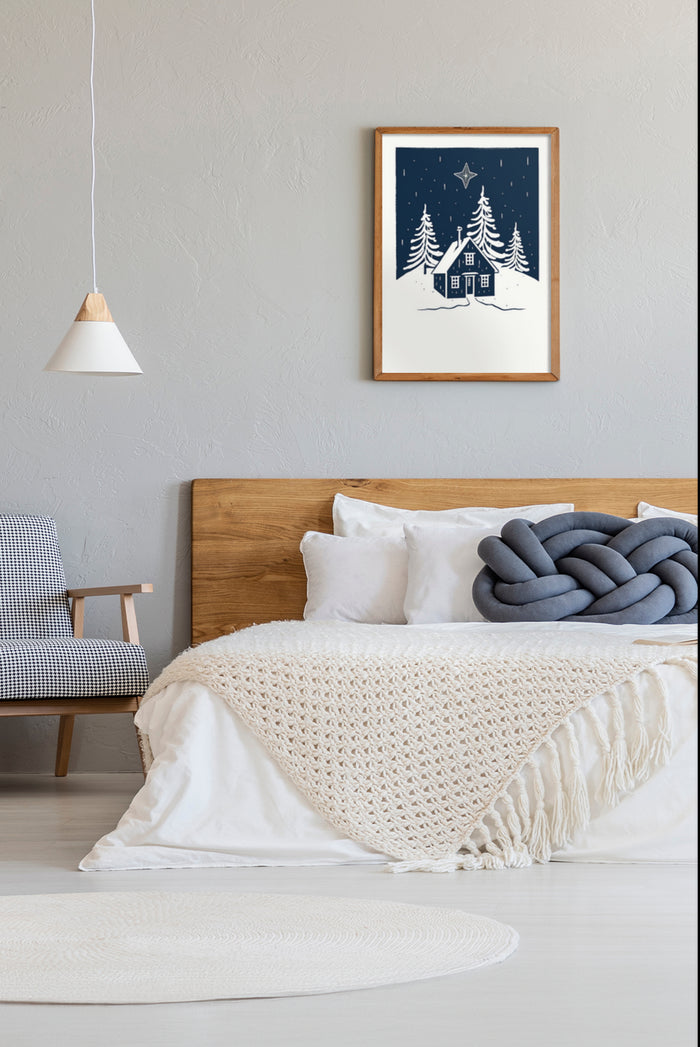 Cozy bedroom interior with winter cabin night scene poster on the wall