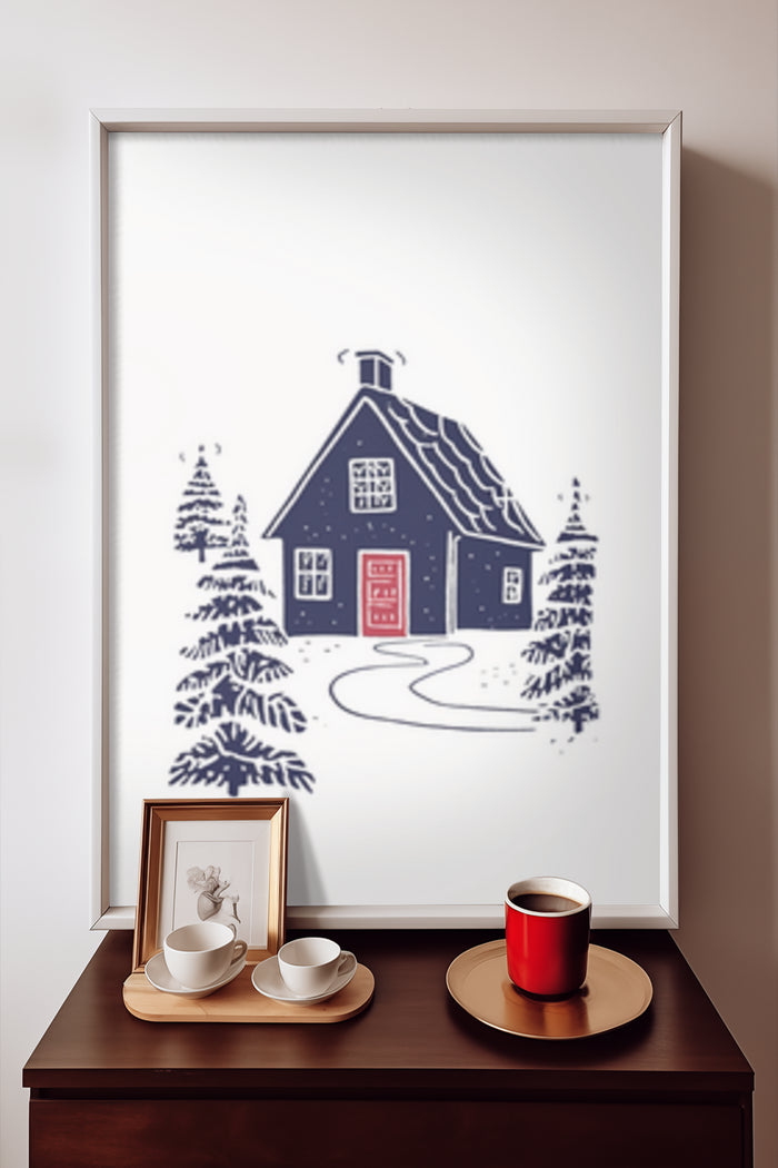 Stylized illustration of a cozy winter cabin surrounded by snowy pine trees framed art poster