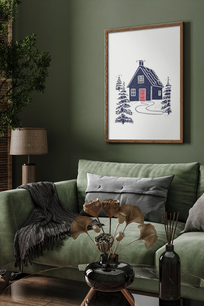 Winter Cabin and Snowy Pines Artwork Poster in Stylish Home Interior
