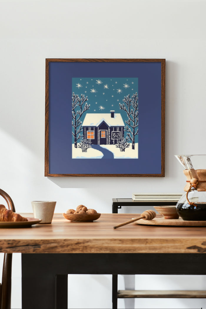Framed poster of a cozy winter home scene with snow and stars artwork displayed in a stylish interior