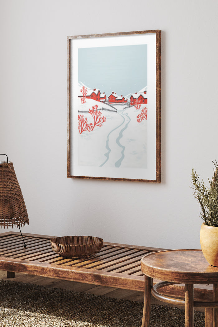 Framed winter landscape poster featuring red houses and bare red trees along a winding path