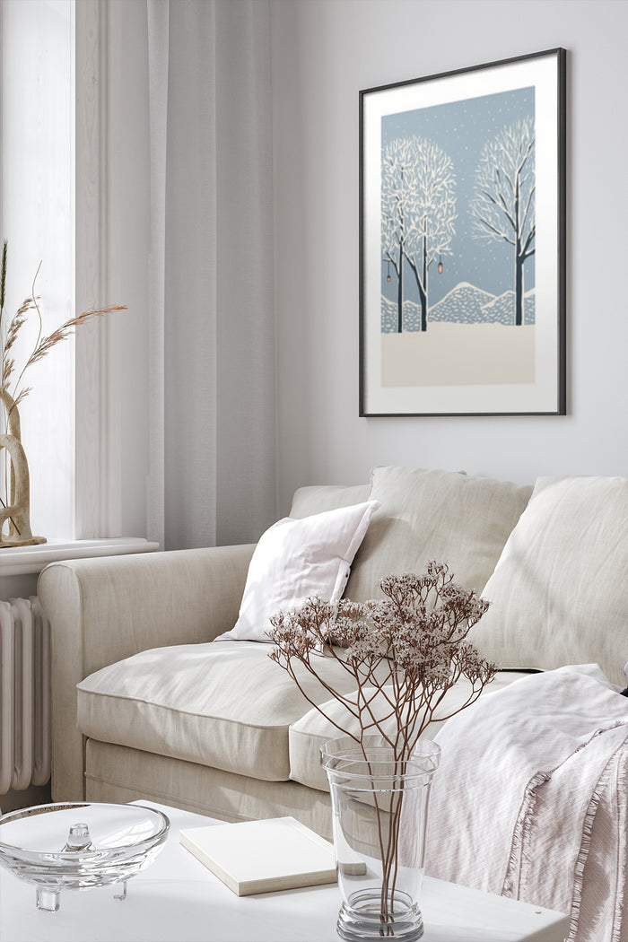 Stylish winter scene framed poster with snowy trees on living room wall