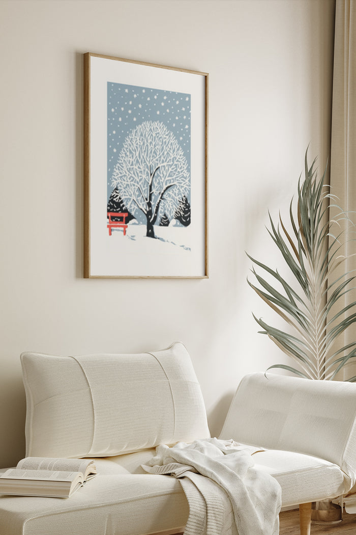Modern winter scene artwork with a bare tree and falling snowflakes, red shrine accent in a cozy room setting
