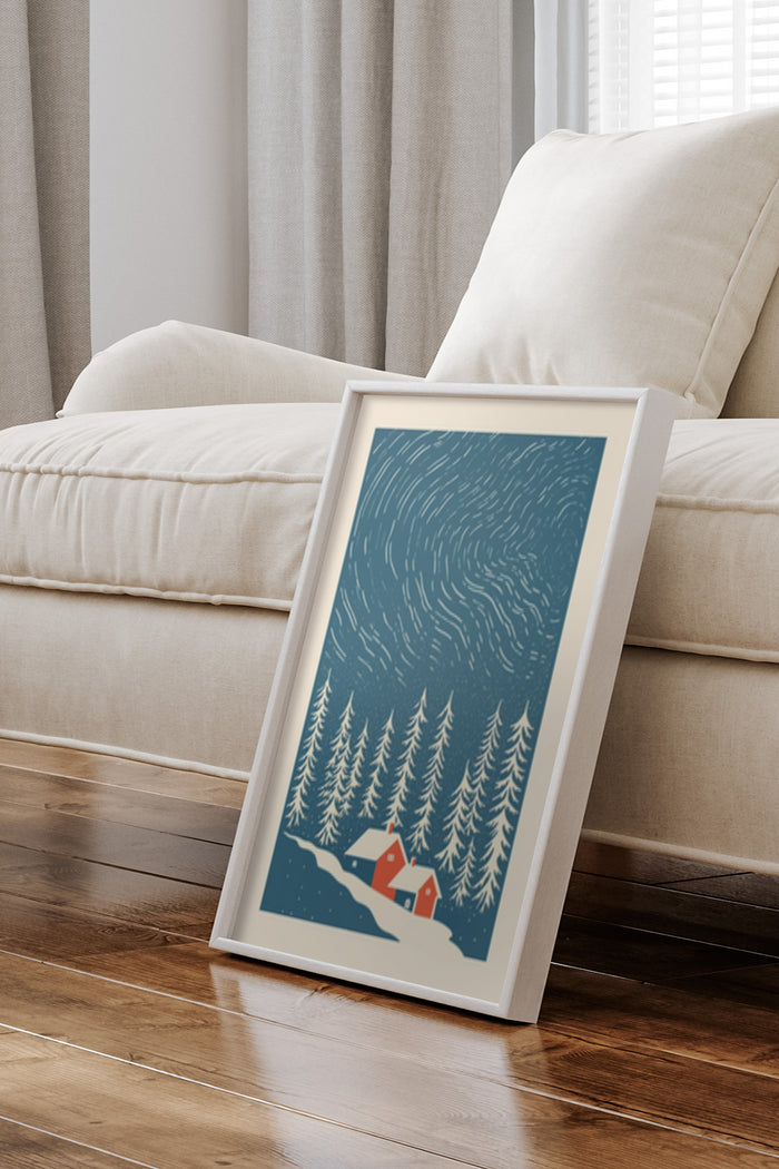 Artistic winter scene poster depicting a cozy cabin surrounded by snow-covered pine trees
