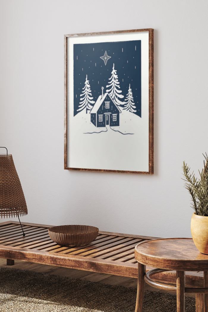 Winter scene art poster featuring a cozy cottage and snowy pine trees under a starry night sky