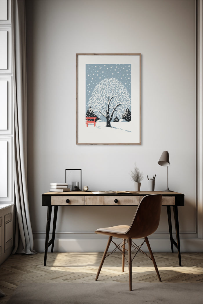Stylish winter scene poster featuring a snowy tree and red bench in a modern home office