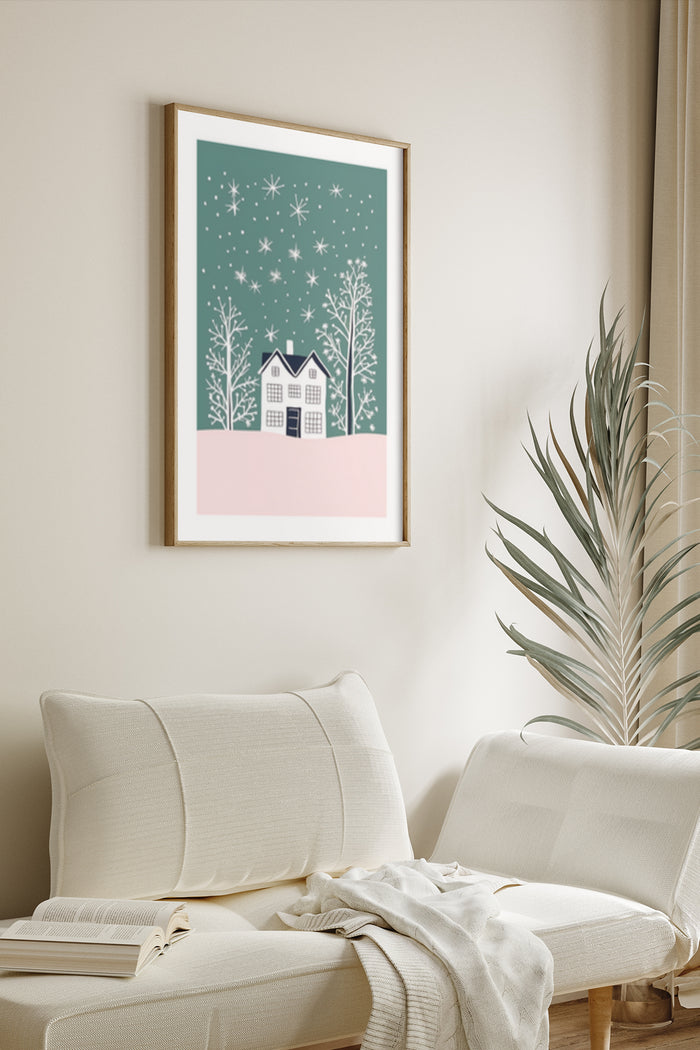 Decorative winter artwork featuring snowy houses and trees poster in a modern living room setting