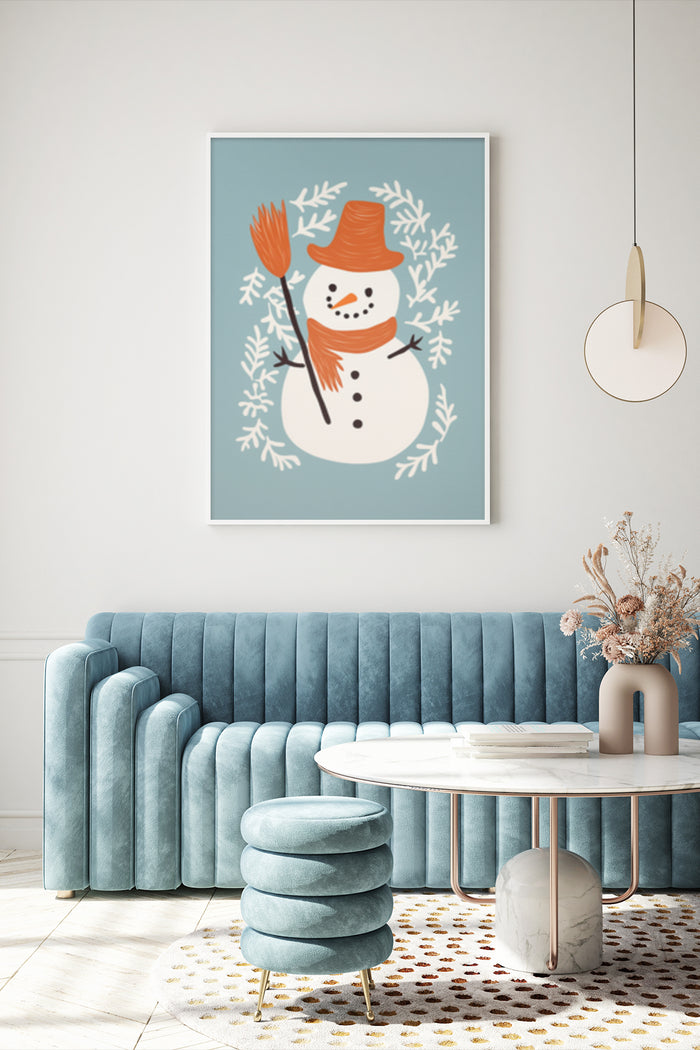 Stylish winter-themed snowman poster with orange hat and scarf hung above teal sofa in contemporary living room interior