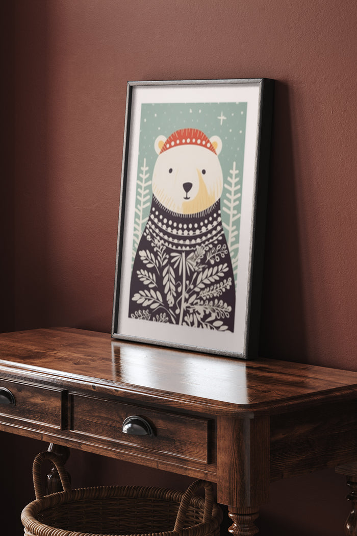 Illustrated winter bear with hat and sweater framed poster on wooden cabinet