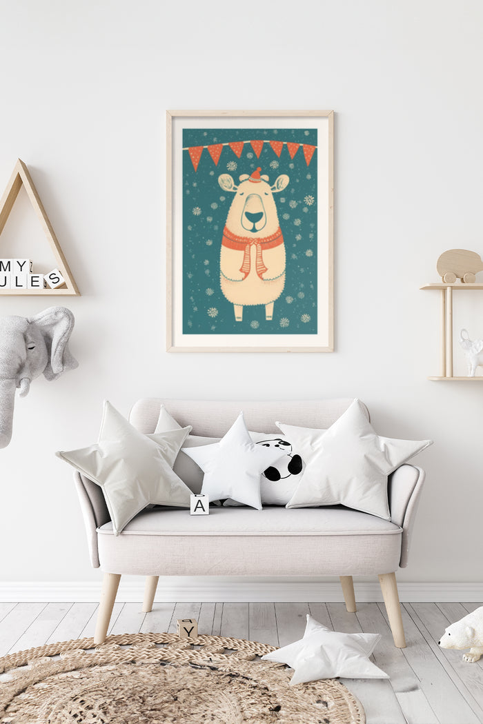 Cartoon bear with scarf winter poster illustration in a stylish living room setting