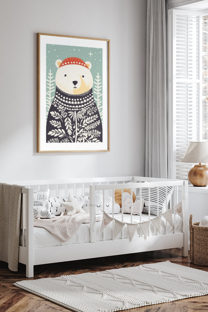 Illustration of a bear in winter attire for nursery room decor