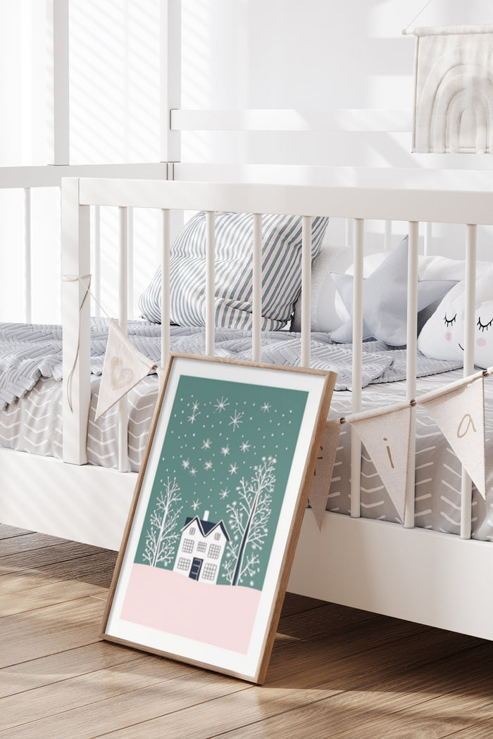Cozy winter house poster art displayed in a modern nursery room setting
