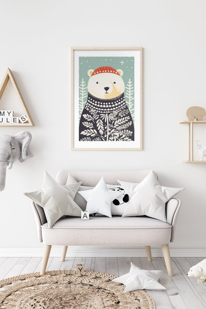 Winter-themed illustrated polar bear poster with hat and sweater in a cozy nursery room