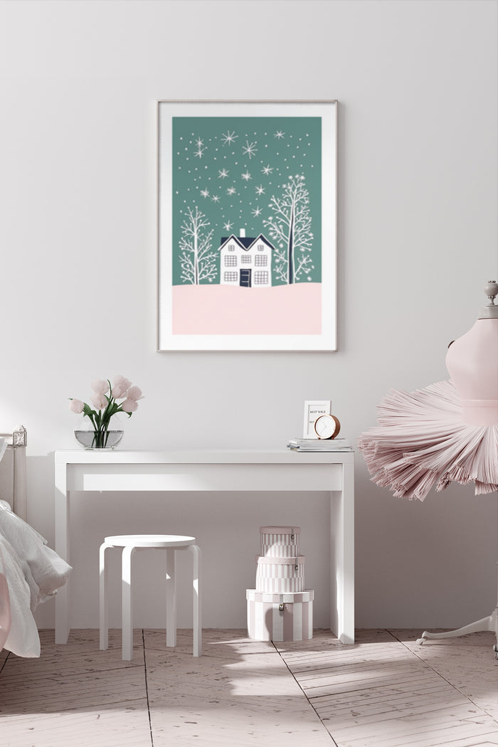 Snowy winter scene illustration with house and trees poster in a modern room