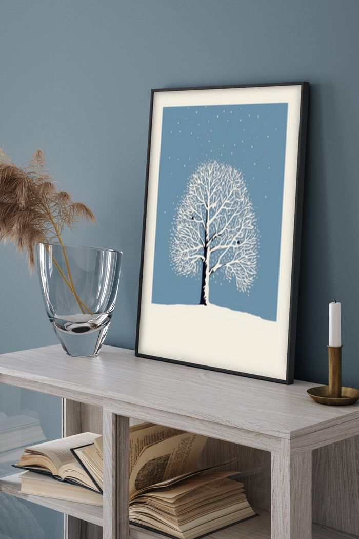 Modern winter tree with snowflakes artwork poster in a stylish interior setup