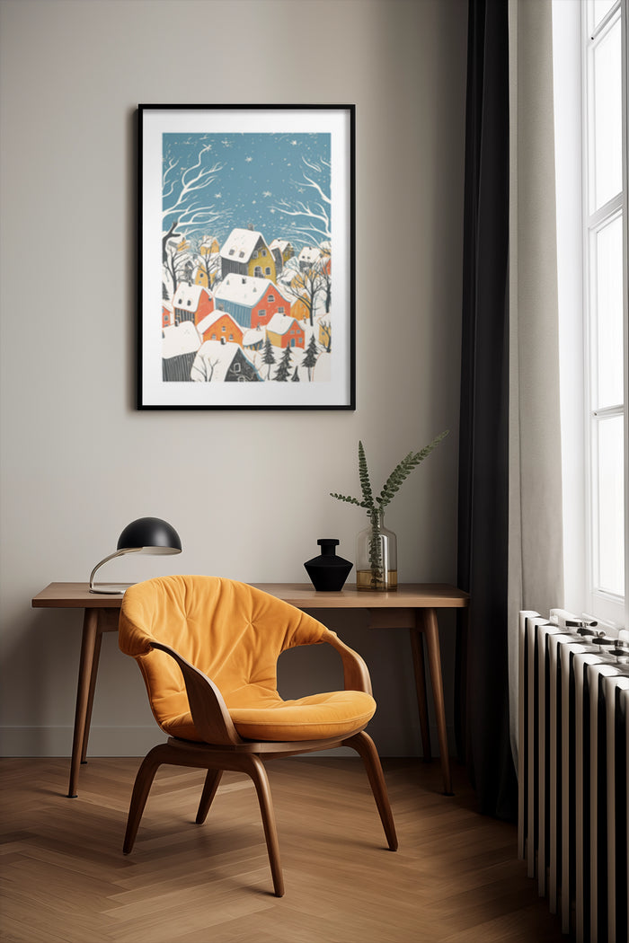 Illustration of a snowy winter village scene poster framed on a wall in a stylish room with a mustard yellow chair and wooden desk