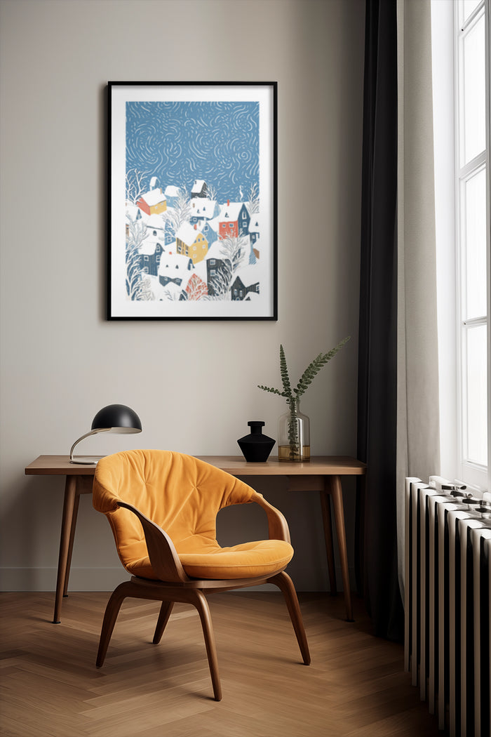 Stylized winter village scene poster framed on a wall with modern interior decor