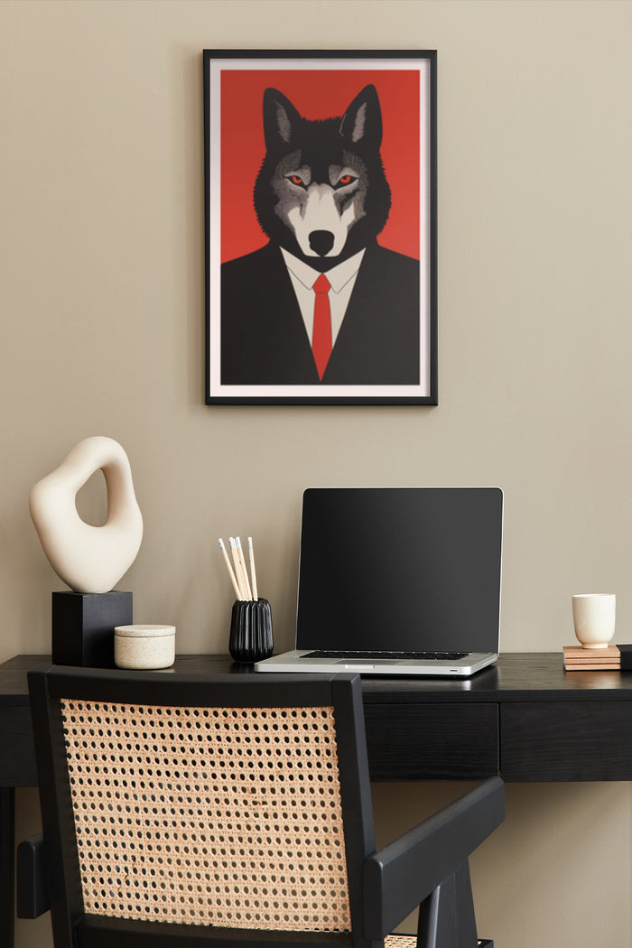 Stylish wolf in suit artwork poster in a modern home office setting