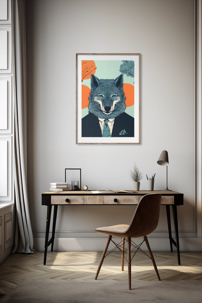 Contemporary art poster featuring a wolf in a suit for modern home interior design