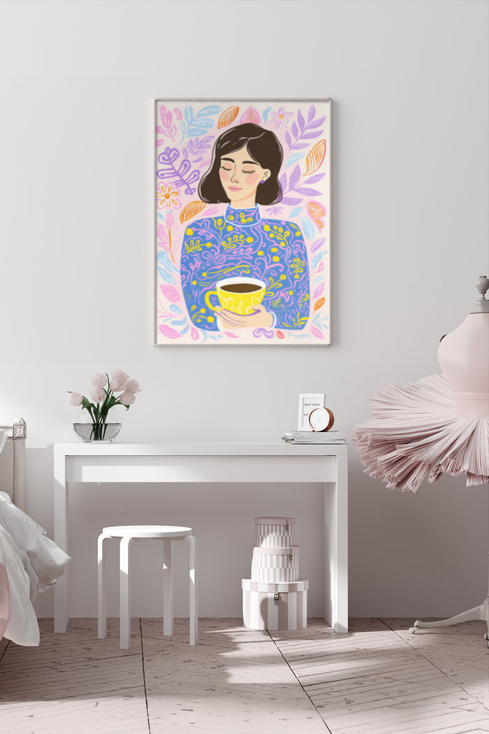 Woman Holding Cup Colorful Abstract Poster Art In Modern Home Decor