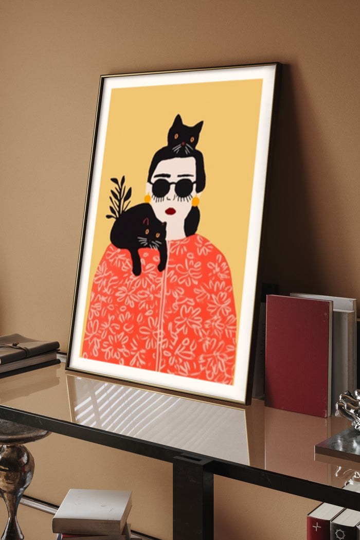 Stylish woman with sunglasses holding a black cat illustration poster art in modern interior setting