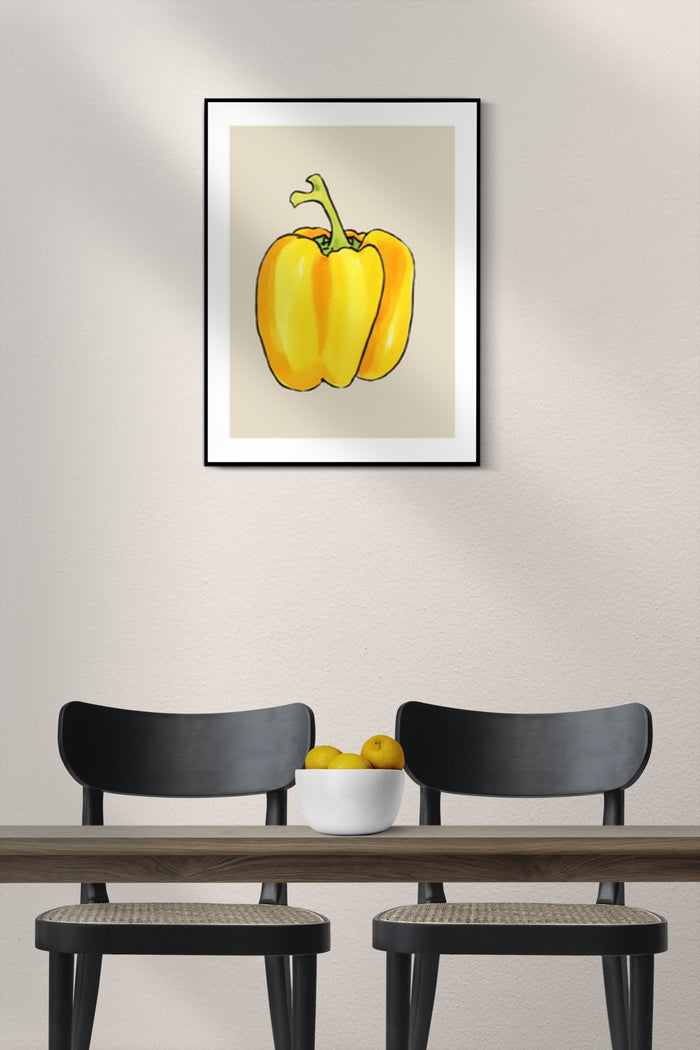 Yellow bell pepper watercolor painting poster in a modern kitchen setting