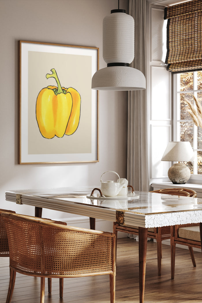 Modern dining room interior with framed yellow bell pepper painting, chic table setting, and natural light