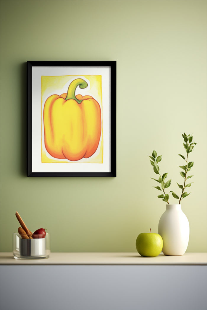 Framed Poster of Yellow Bell Pepper Art on Green Wall with Decorative Vase and Fruit